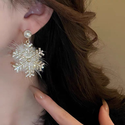 Christmas Snowflake Earrings Women's Full Diamond Pearl Plush Earrings