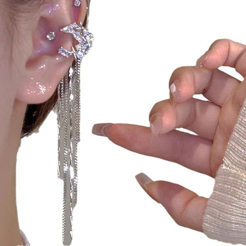 Fashion Elegant Zircon Awn Star Moon Tassel Non-piercing Ear Clip